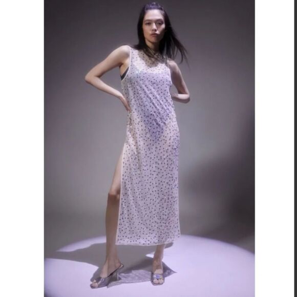 NWT Urban Outfitters Hunter Sheer Sequin Beaded Midi Cream Dress Women Medium - Picture 3 of 16